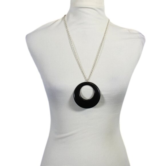Vintage Y2K Early 2000s Long Chain Necklace Black Hoop Charm - Picture 1 of 5